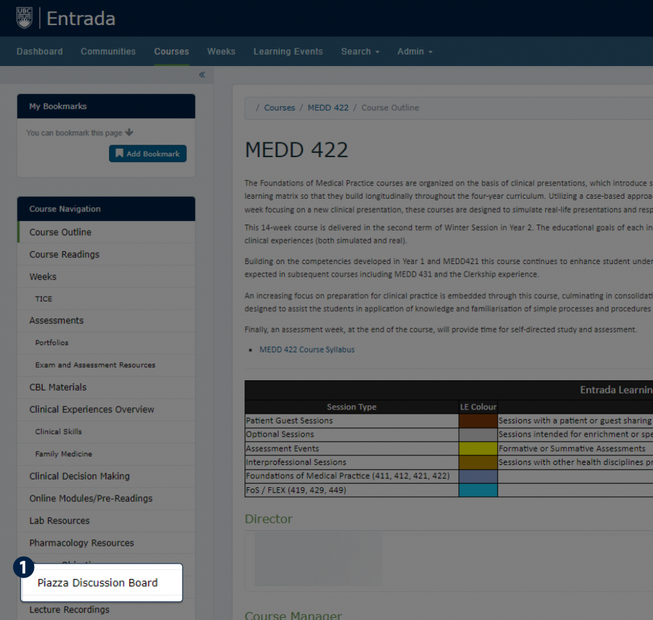 The Entrada course outline page for MEDD 422, with a highlighted region showing the "Piazza Discussion Board" option in the left-hand side Course Navigation bar.