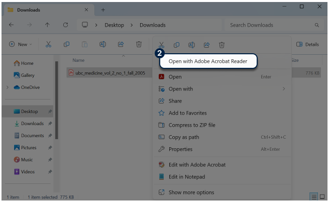 Step 2: Right click on the file and select “Open with Adobe Acrobat Reader”.