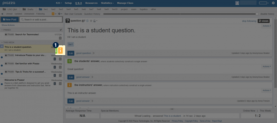The Piazza home page, with a highlighted region showing the orange "i" symbol next to a student question.