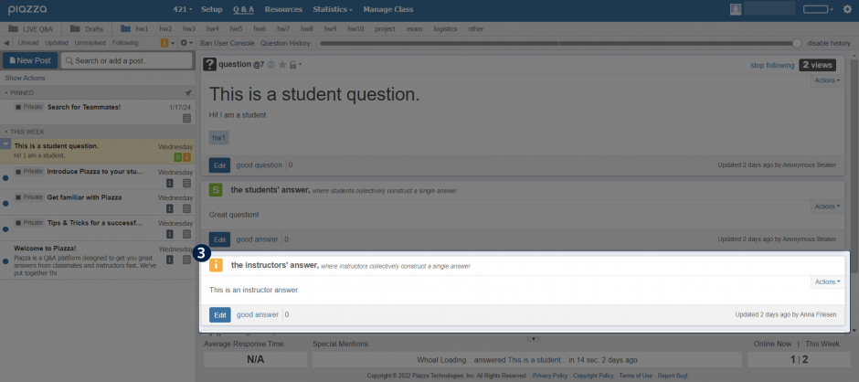 The Piazza home page, with a highlighted region showing the region "instructors' answer" region, below the students' answer region.