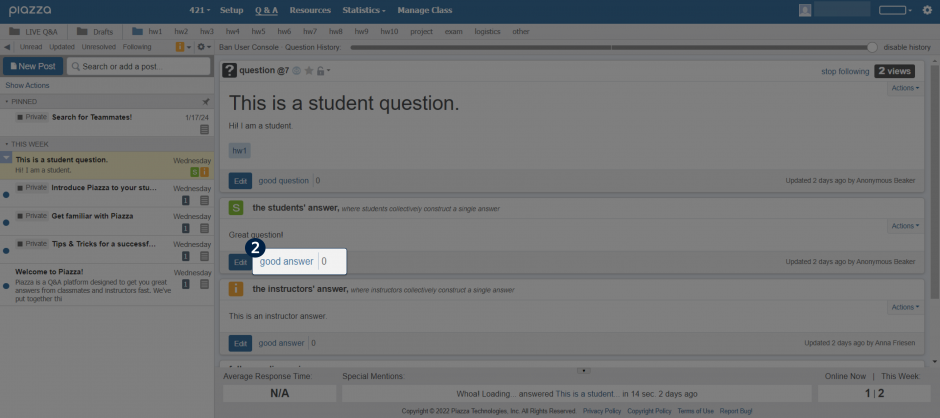 The Piazza home page, with a highlighted region showing the text "good answer" with a count of zero below a student answer.