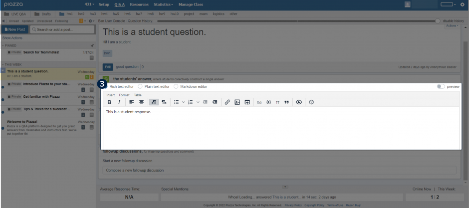 The Piazza home page, with a highlighted region showing the student answer response region.