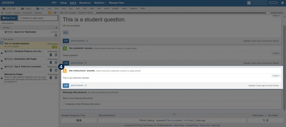 The Piazza home page, with a highlighted region showing the instructors' answer region, just below the students' answer region.