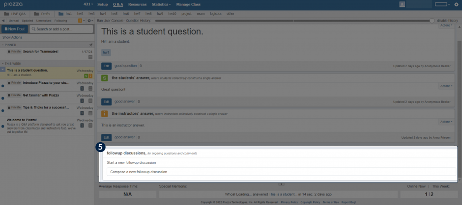 The Piazza home page, with a highlighted region showing the "followup discussions" area, just below the instructors' answer region.