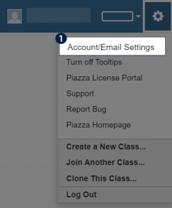 The Piazza settings icon in the top right hand corner of the page, with a highlighted region showing the "Account/Email Setting" option on the dropdown menu.